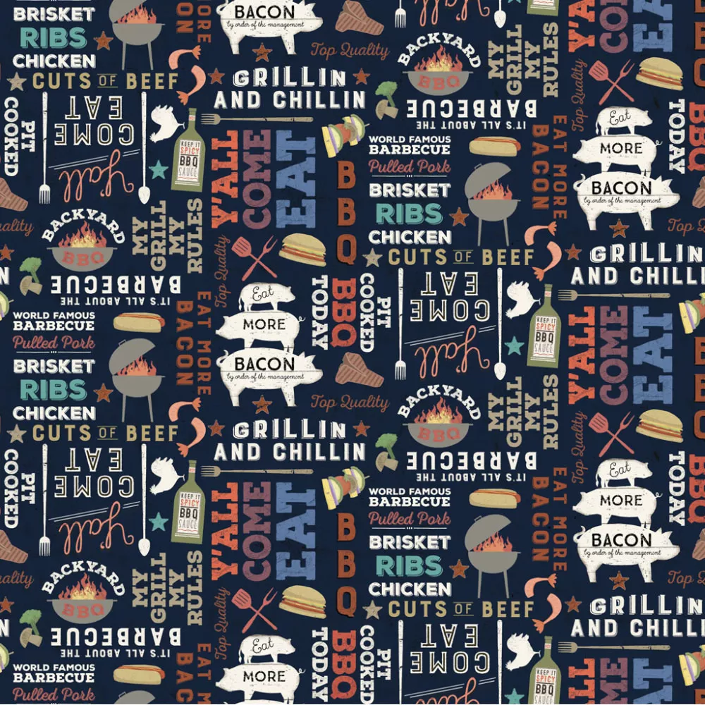 Backyard BBQ, Words in Black, Fabric Half-Yards