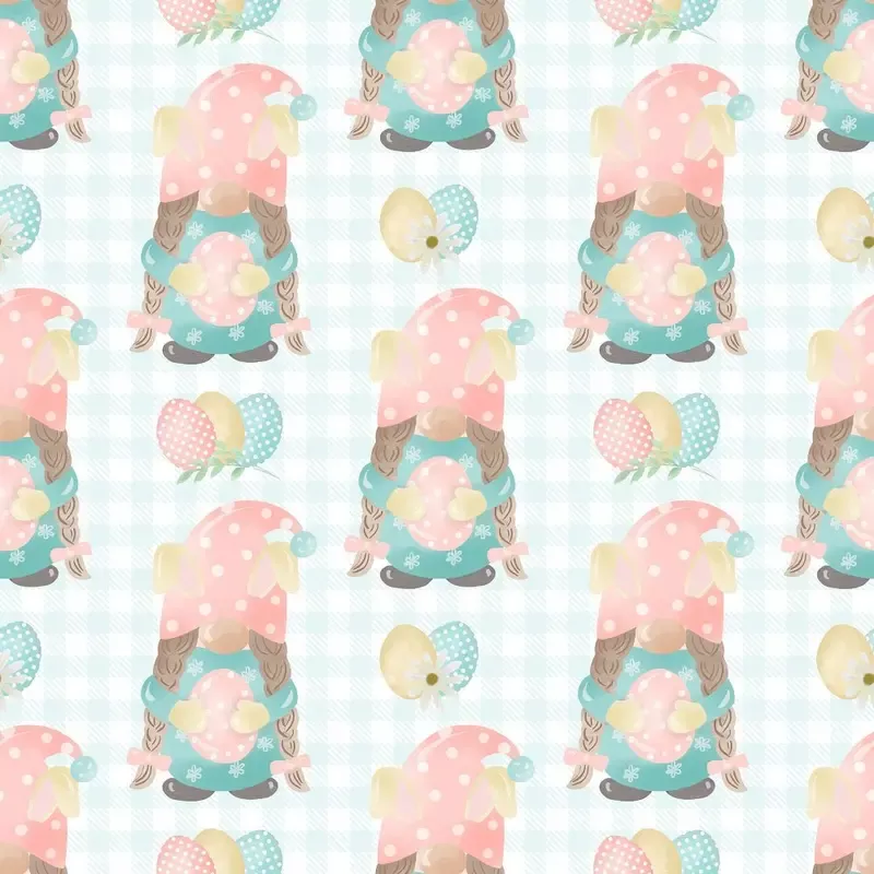 easter-rainbow-gnomes-on-blue-gingham-fabric Easter Rainbow Gnomes On Blue Gingham Fabric