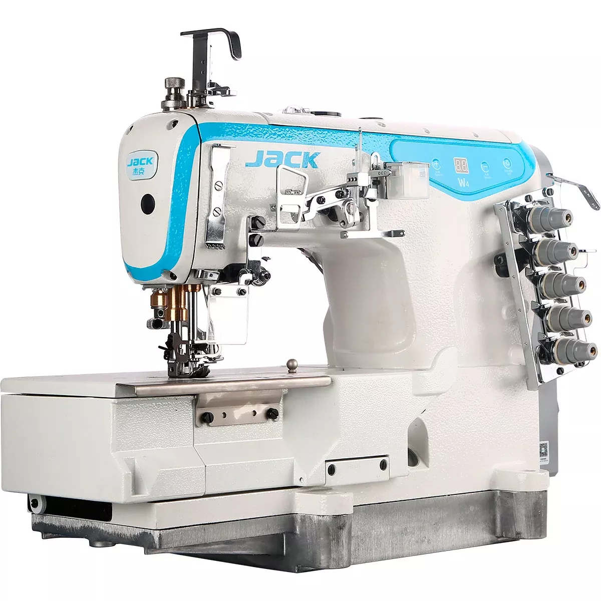 jack-w4-d-01-02-03-08-3-needle-flatbed-coverstitch-industrial-sewing-machine-ass JACK W4-D /01/02/03/08 3 Needle Flatbed Coverstitch Industrial Sewing Machine Assembled with Table and Stand Included