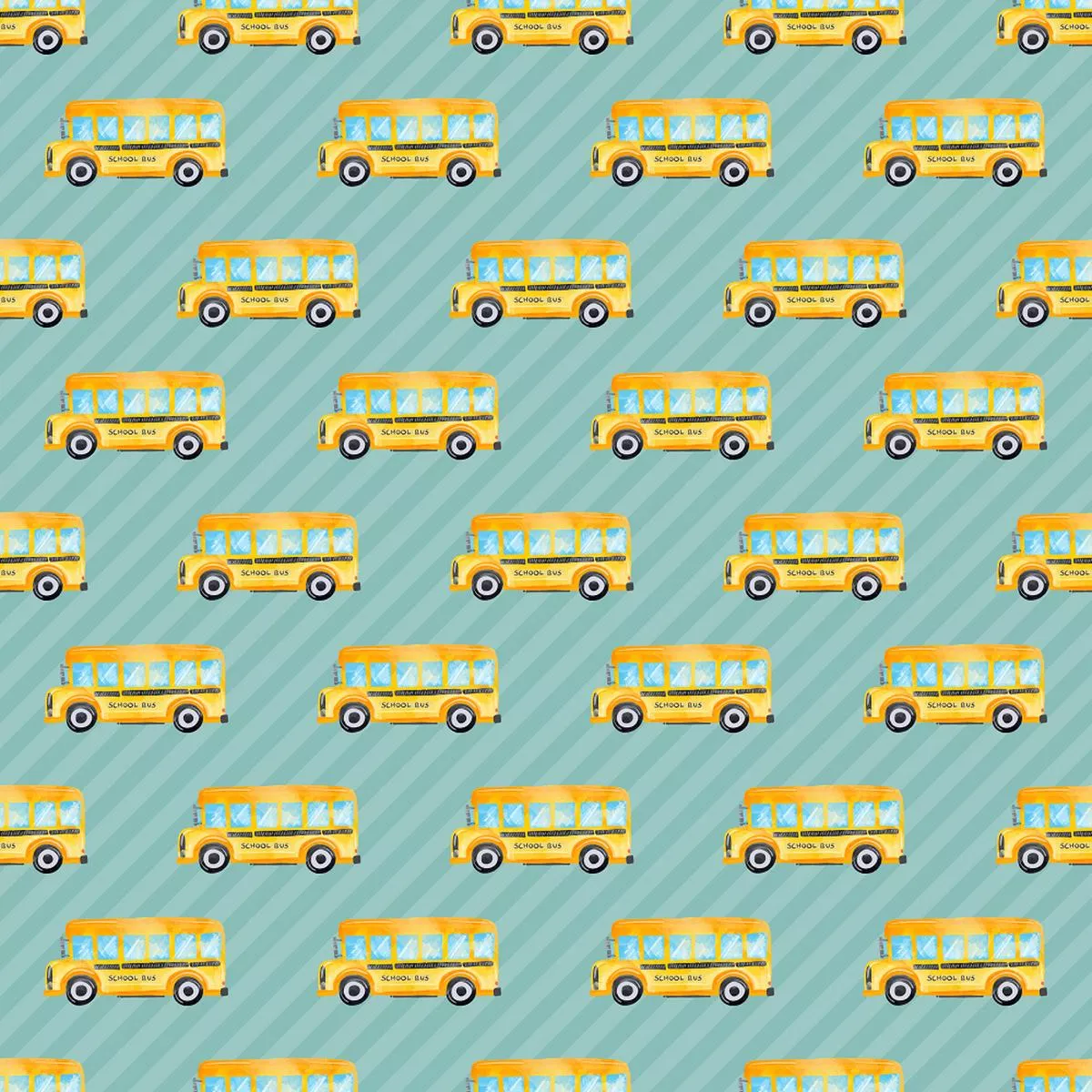 school-bus-on-horizontal-striped-fabric-teal School Bus on Horizontal Striped Fabric – Teal