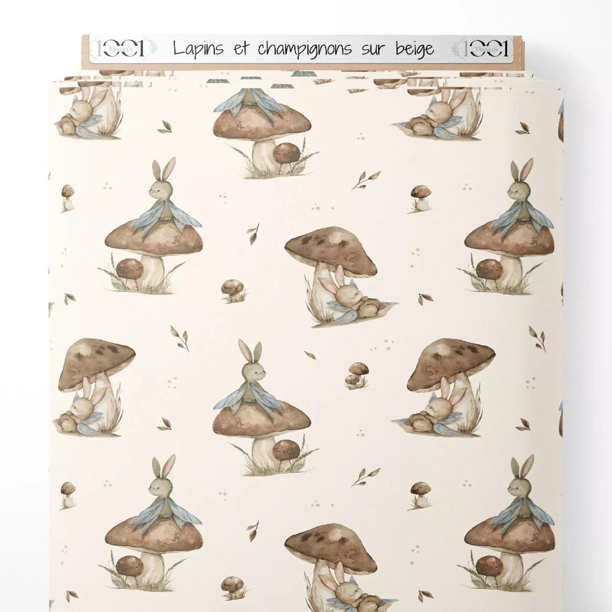 Tissu – Lapins et champignons sur beige