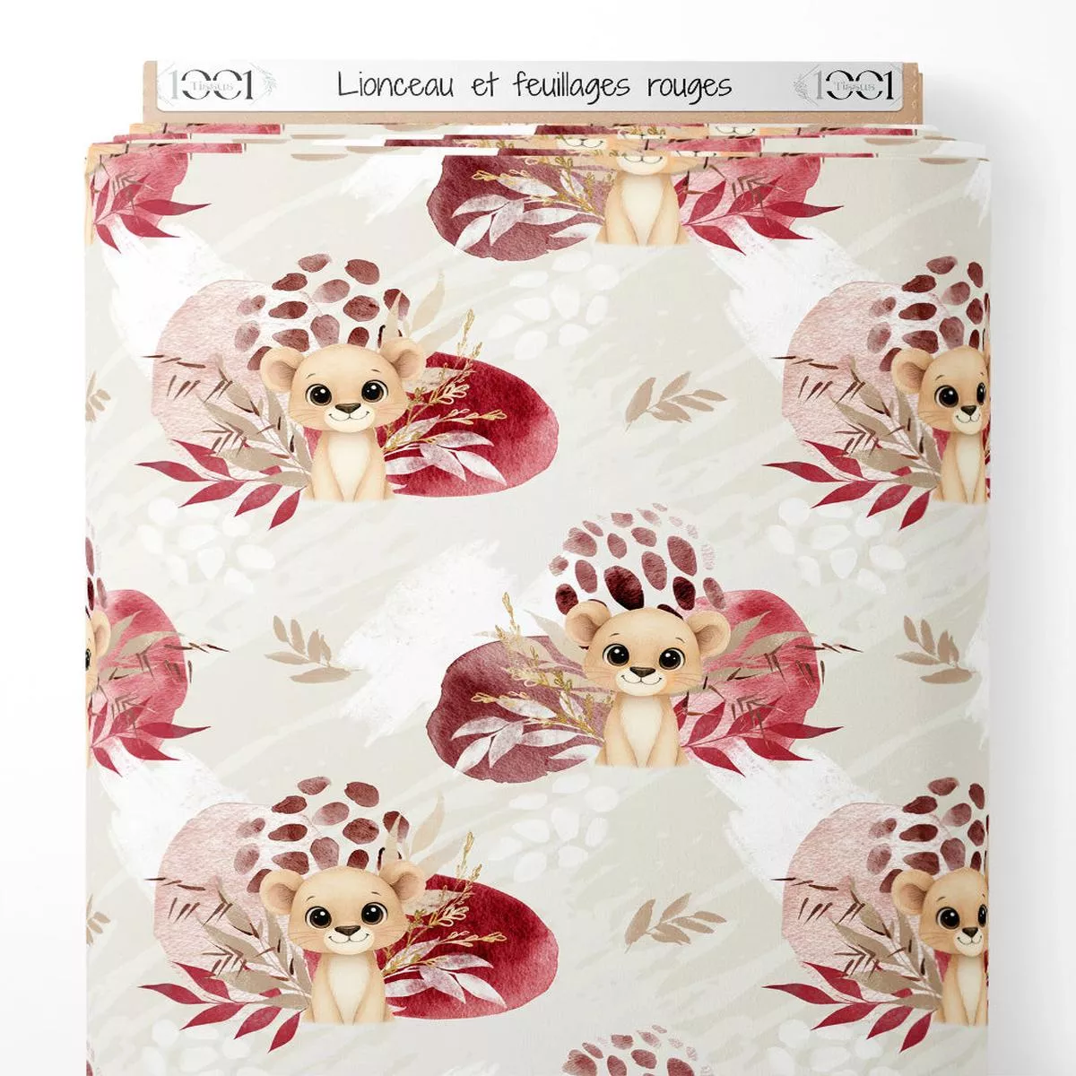tissu-lionceau-et-feuillages-rouges Tissu – Lionceau et feuillages rouges