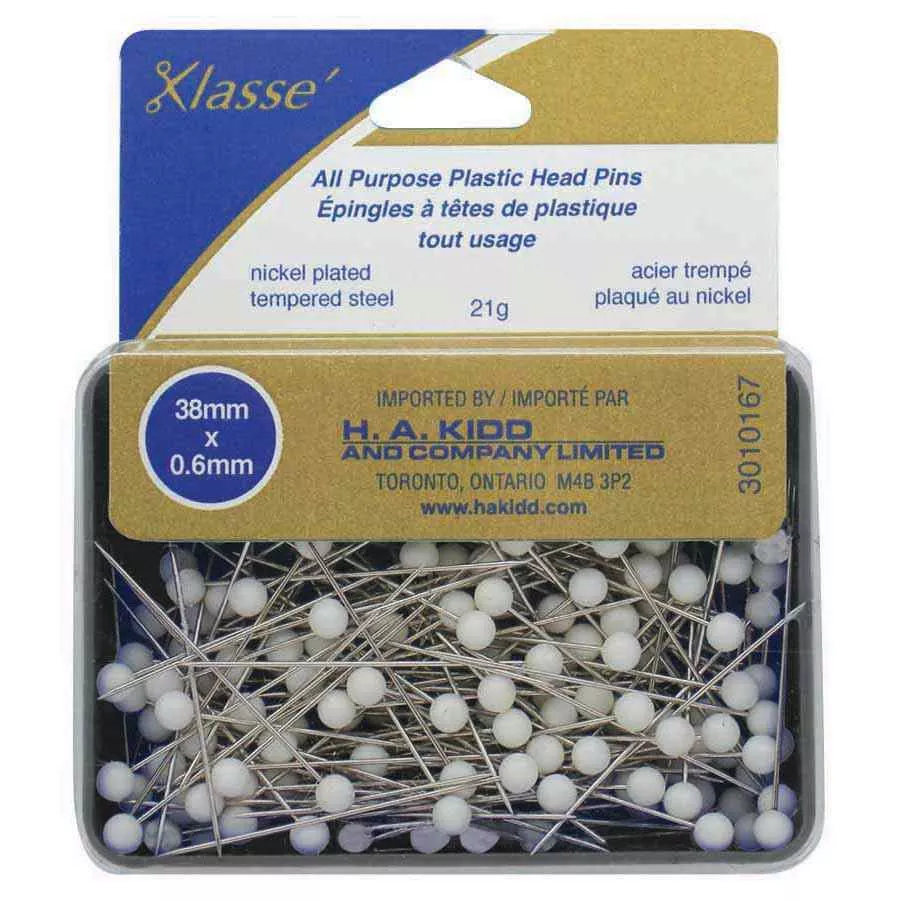 White Plastic Head Pins 38mm (White), 170 pcs - Klasse